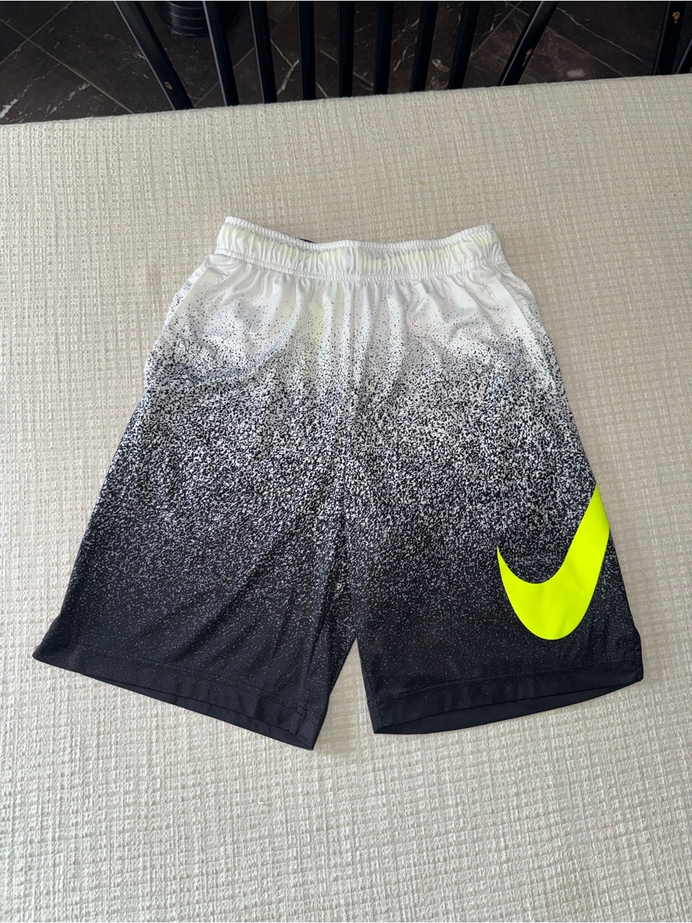 Nike Boys Black & White Gradient Athletic Shorts with Neon Swoosh